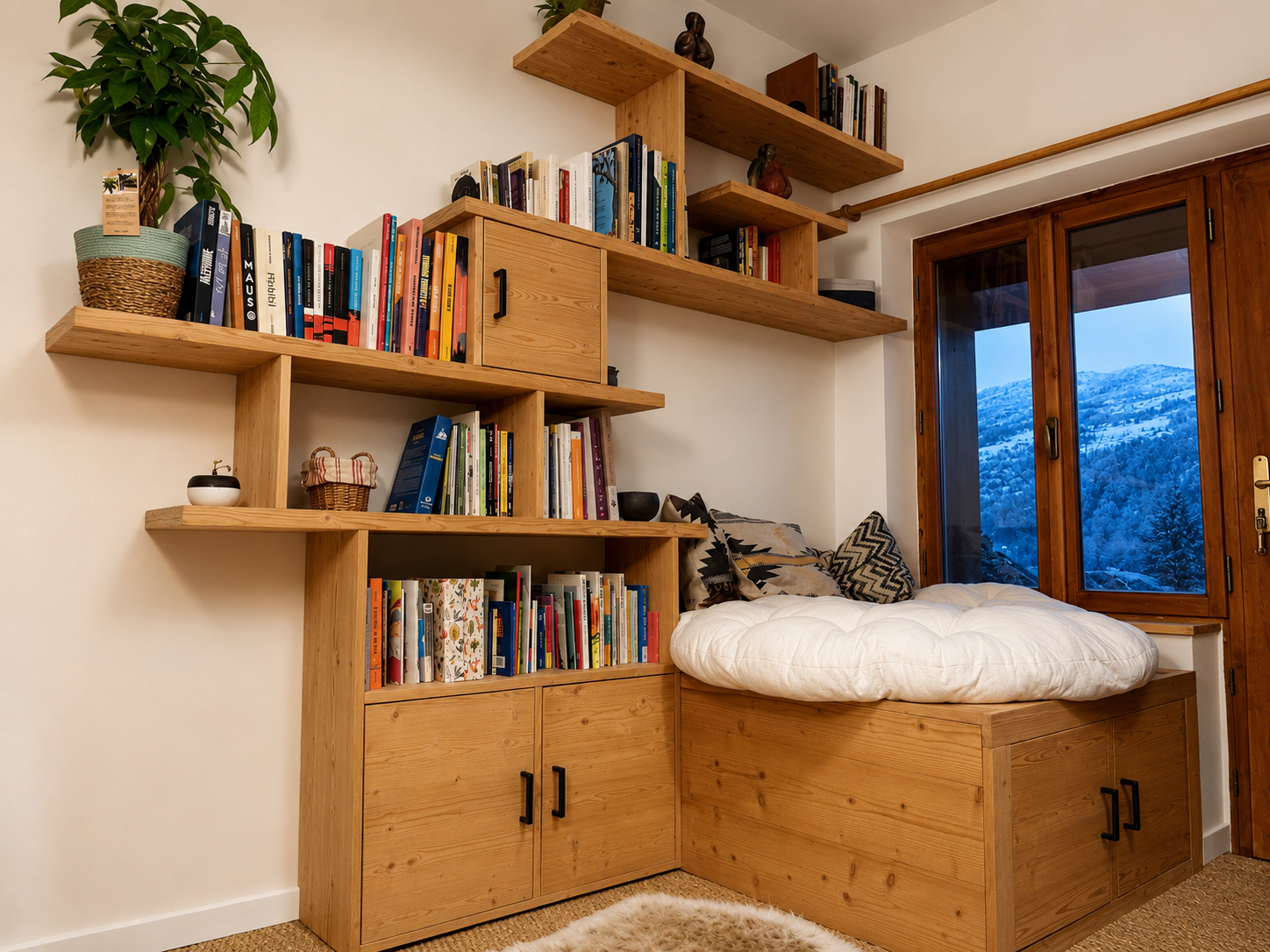 Bibliothèque sur mesure avec coin lecture, vue sur les montagnes, Briançon