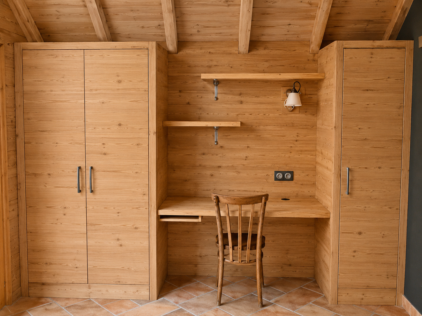 Chambre chalet avec placards et espace bureau intégrés